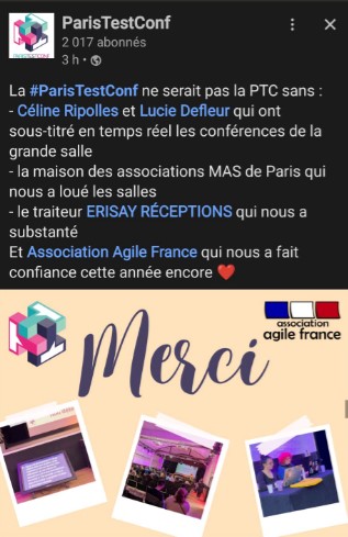 Capture d'écran LinkedIn : La ParisTestConf ne serait pas la PTC sans Céline et Lucie qui ont sous-titré en temps réel les conférences