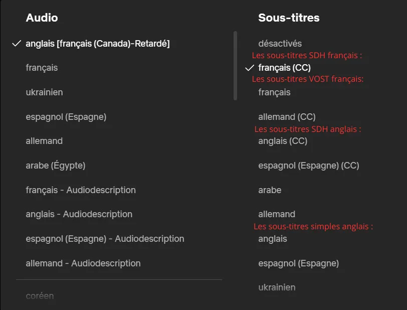 Capture d’écran de Netflix pour la saison 2 de la série Mercredi avec ajout en rouge des explicitations des types de sous-titres.