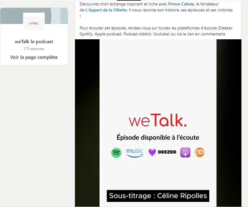 Capture d'écran de la vidéo de WeTalk. Il est indiqué "Sous-titrage : Céline Ripolles"